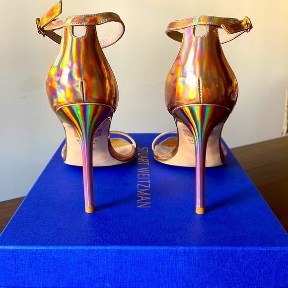 Stuart Weitzman 8.5 Nudistcurve Rose Gold Hologram 4” Heel Sandal